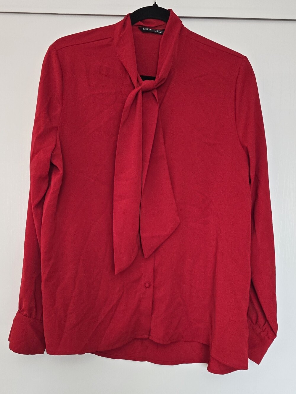 SHEIN - Vibrant Red Bow-Tie Neck Blouse Long Sleeve Top